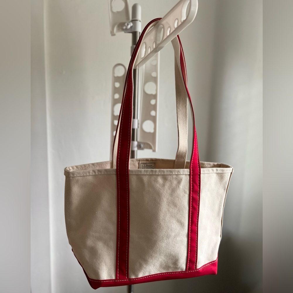 LL Bean Red/Cream Boat Tote Long Straps